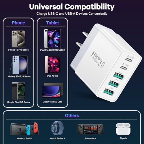 2Pack 5-Port USB C Charger Block, 50W Fast Charging Blocks 3 USB-A+2 USBC - color: White (3A+2C)