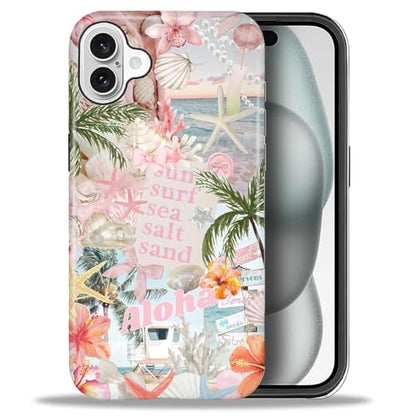Case for iPhone 16, Cute Phone Case, Aloha Summer Collage | Hybrid 2-Layer Phone Cover，Military-Grade Protection Durable Shockproof Anti-Scratch Cases - color: Pink Aloha Summer Collage, size: Iphone 16