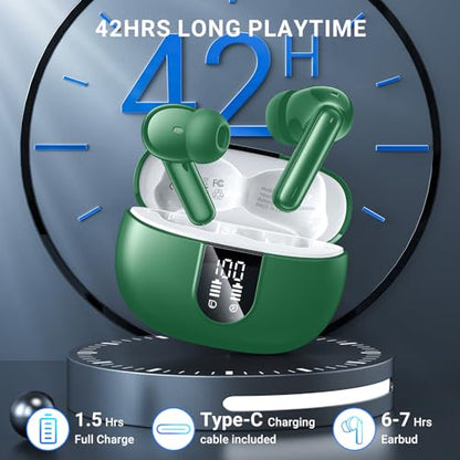 Wireless Earbuds,2024 Wireless Headphones HiFi Stereo Earphones with 4 ENC Noise Canceling Mic, 42Hs Playtime In Ear Earbud,Bluetooth 5.3 Sport Earphones with LED Power Display for Android iOS Green - color: Green