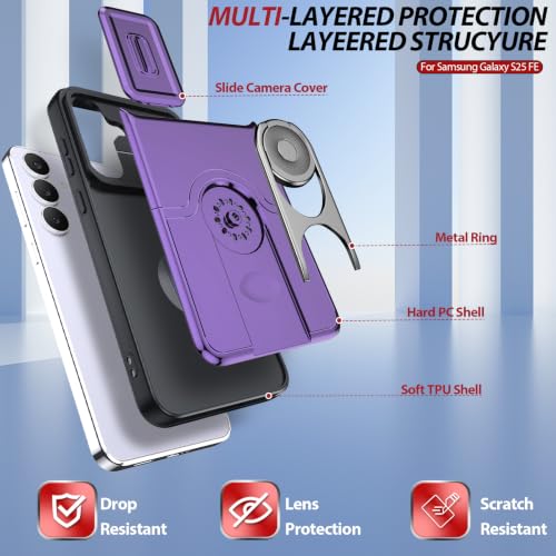 Dizn for Samsung Galaxy S25 FE Case:with Camera Lens Cover,[2 Pcs] Tempered Glass Screen Protector,Strap & 360°Ring Stand,Military-Grade Shockproof Protective 6.5-Inch Samsung S 25 FE,Purple - color: Purple