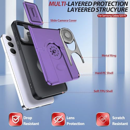 Dizn for Samsung Galaxy S25 FE Case:with Camera Lens Cover,[2 Pcs] Tempered Glass Screen Protector,Strap & 360°Ring Stand,Military-Grade Shockproof Protective 6.5-Inch Samsung S 25 FE,Purple - color: Purple