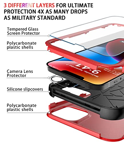 Diverbox for iPhone 14 Case [Shockproof] [Dropproof] [Tempered Glass Screen + Camera Lens Protector],Heavy Duty Protection Phone Case Cover for Apple iPhone 14 (Red-3in1) - color: RED-3in1