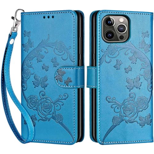 for iPhone 13 Pro Wallet case, Blue-Flower | 3 Card Holders, Kickstand, Shockproof TPU Shell, PU Leather, Magnetic Closure, Protective Flip Folio Cover, Women - color: 7