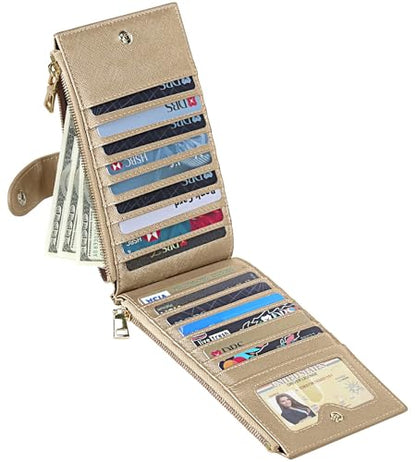Travelambo RFID Wallet Women Large Size Bifold Multi Card Wallet Case with Zipper Pocke Credit Card Holder for Women - color: Gold Champagne 3310F