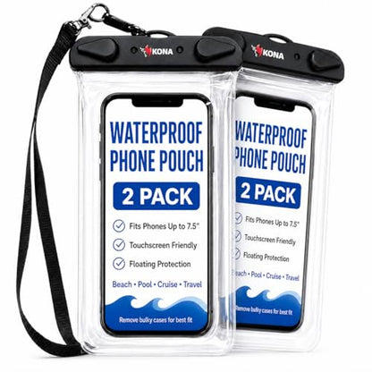 Kona Submariner Waterproof Phone Pouch, 2 Pack - IPX8 Cell Phone Dry Bag Compatible with iPhone 17 16 15 14 Pro Max, Samsung Galaxy S26 S25 S24 Ultra, Pixel 10 9 XL, Fits Up to 7.5"