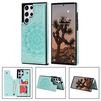 PASNEW S22 Ultra Case Wallet Card Holder,6.8 inch,Green | Card Holder, Floral Double Magnetic, PU Leather, Kickstand, Flip Cover - color: Green, size: S22Ultra【6.8"】