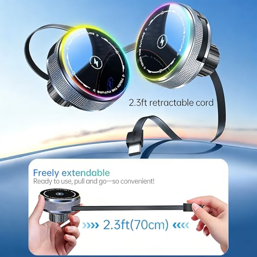 Car Mount Charger 15W Magnetic Phone Holder with Type-C Retractable Cable and RGB Light, Mag Wireless Charging Phone Mount for Air Vent Compatible with iPhone, Samsung, All Smartphones (Gray)