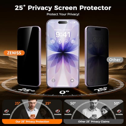 Zeniss NeverBreak 9H+ Hardness for iPhone 17 Privacy Screen Protector 12FT Military Grade Protection (Scratch, Shatter, Drop Resistance) Tempered Glass Full Coverage 6.3", 2 Pack with De-Bubble Card - size: iPhone 17