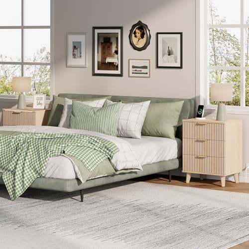 Lulive Wood Bedside Table w/Charging Station, 3 Drawers Fluted Dresser - color: Natural Oak, size: 3 Drawers-Set of 1 Nightstand