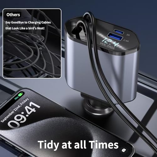 YAOKEEP 4 in 1 Retractable Car Charger, 120W Fast Car Phone Charger