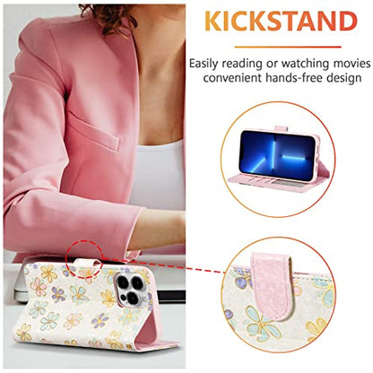 UEEBAI Wallet Case for iPhone 13 Pro Max, PU Leather Phone Cover Kickstand RFID Blocking Flip Case Card Slots Wrist Strap Relief Engraved Pattern Magnetic Closure Flower Folio Wallet, White Daisy - color: White Daisy, size: iPhone 13 Pro Max
