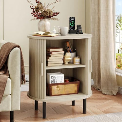 Oval End Table with Charging Station & Door (1, Natural White) - color: Natural White