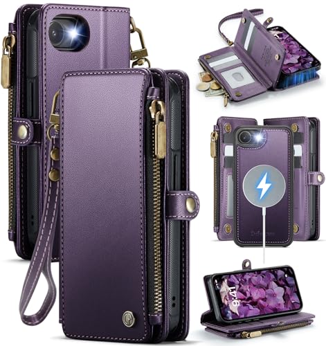 Defencase for iPhone 17e/16e Case Wallet Compatible with Magsafe, Purple | Drop-Proof Magnetic Detachable Phone Cases Cover, with RFID Bolcking Card Holder, Zipper Strap, PU Leather, Removable Wallet - color: (Detachable with Magsafe)-Purple