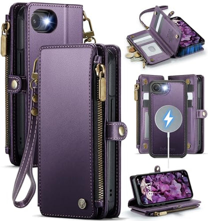Defencase for iPhone 17e/16e Case Wallet Compatible with Magsafe, Purple | Drop-Proof Magnetic Detachable Phone Cases Cover, with RFID Bolcking Card Holder, Zipper Strap, PU Leather, Removable Wallet - color: (Detachable with Magsafe)-Purple