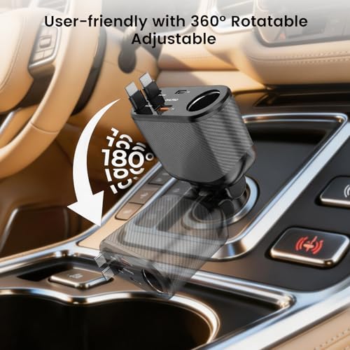 OHLPRO Retractable Car Charger Cigarette Lighter Adapter, 168W 5 in 1 Fast Phone Charging Built-in Replaceable Fuse, Socket Splitter with USB C and USB C Cord, Fit for Phone iPad Galaxy GPS, Grey - size: USB-C+USB-C