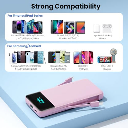 Portable Charger for iPhone with Built in Cables and Wall Plug,Upgraded 13800mAh Fast Charging USB C Power Bank,4 Outputs Travel Essential Battery Pack Compatible with iPhone 17/16/15/14,Galaxy-Pink - color: Pink