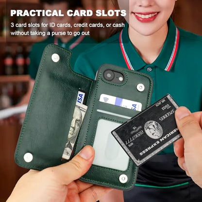 ONETOP for iPhone 17e/16e Wallet Case with Credit Card Holder,Green | 360° Rotation Ring Kickstand,Finger Grip,Double Magnetic Clasp,RFID Blocking PU Leather Shockproof Cover for Women Men - color: Green
