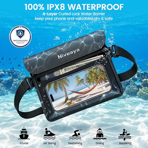 Niveaya IPX8 Waterproof Fanny Pack, Waterproof Pouch Dry Bag for Beach, Kayaking, Swimming, Boat Travel Cruise Essentials, Waterproof Phone Bag Passport Holder for Women Men(2 Pack) - color: Black+Blue