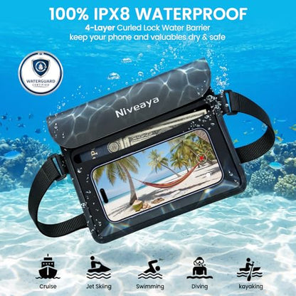 Niveaya IPX8 Waterproof Fanny Pack, Waterproof Pouch Dry Bag for Beach, Kayaking, Swimming, Boat Travel Cruise Essentials, Waterproof Phone Bag Passport Holder for Women Men(2 Pack) - color: Black+Pink
