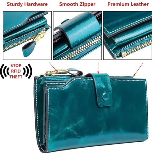 YALUXE Women's Real Leather Wallet RFID Protect 21 Card Slots Phone Pocket - color: 4- Waxed Greenish Blue, size: Genuine Leather