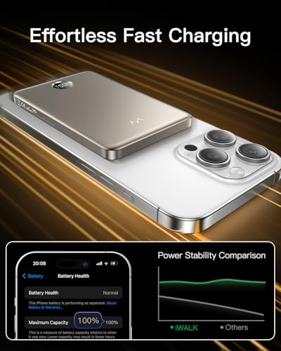 iWALK Magnetic Portable Charger, 5,000mAh Ultra-Slim Wireless Power Bank, 0.37in Thin, Weighs 4oz, LED Display, Compatible with iPhone 18/17/16/15/14/13 Series, Starlight - color: Starlight, size: 5000mAh