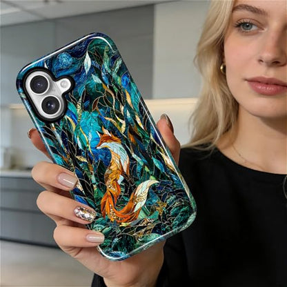 Case Compatible with iPhone 17, Cute Dual Layer Hybrid Phone Cover, Military Grade Drop Protection, Aesthetic Shockproof Phone Case for Women Girls, Woodland Fox Stained Glass - color: Woodland Fox Stained Glass, size: Iphone 17
