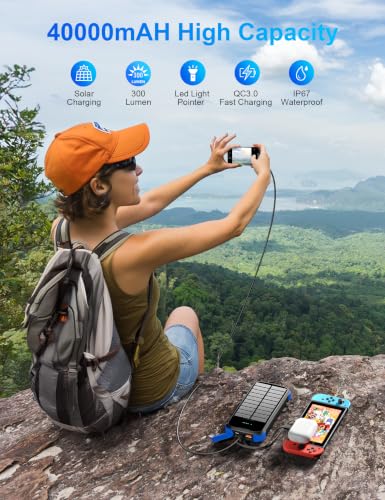MINRISE Solar Power Bank 40000mAh, Portable Charger PD 20W Fast Charging - color: Blue