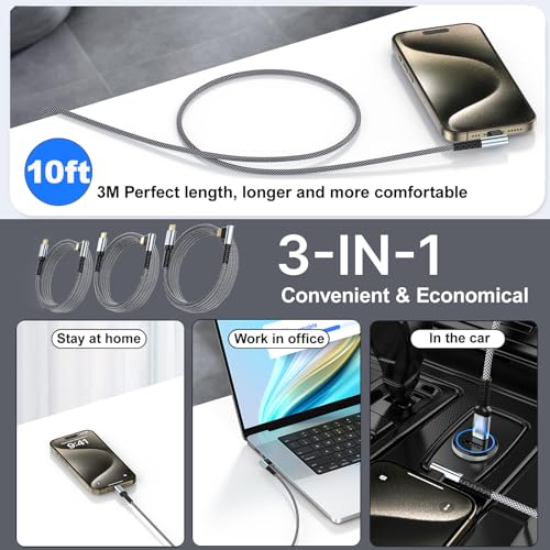 USB C Right Angle Cable,3Pack 10ft 60W USB C to USB C Braided Charger Cable - color: Black