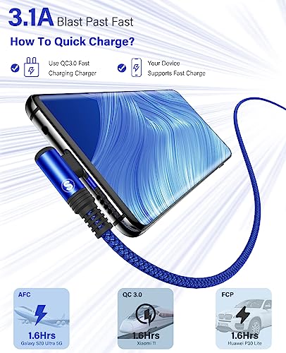 USB to USB C Cable 3.1A Fast Charge Right Angle CarPlay 6.6ft 2-Pack Blue - color: Blue, size: 6.6ft+6.6ft