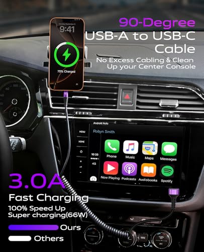 90 Degree USB A to USB C Cable 6FT Coiled USB-C Fast 3A Charging Cable - color: Purple, size: 6FT
