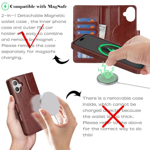 Ｈａｖａｙａ for iPhone 16 Case Detachable Wallet Case with Card Holder，2 in 1 Pu Leather Flip Folio Credit Card Slots Stand Compatible Magsafe Magnetic Shockproof Phone Cover (6.1")-Deep Brown - color: Deep Brown-Detachable