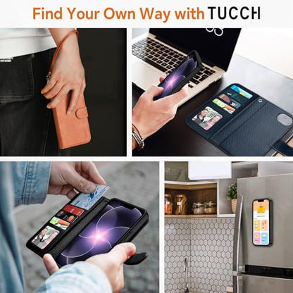 TUCCH 2-in-1 Detachable Wallet Case for iPhone 17e/16e (6.1"), Black | 4 Card Holders, RFID Blocking, Wireless Charging, Kickstand, Wrist Strap, Shockproof TPU, PU Leather, Magnetic, Folio Cover - color: Black