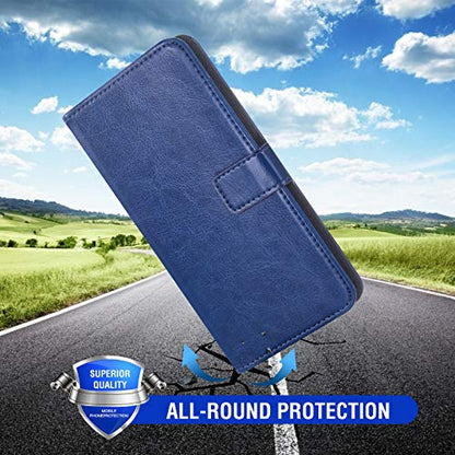 Asuwish Compatible with Moto E5 Plus E 5 Supra Wallet Case Tempered Glass Screen Protector and Flip Card Holder Stand Accessories Phone Cases for Motorola E5+ MotoE5plus 5E 5th Generation E5plus Blue