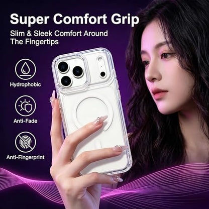 for iPhone 17 Pro Max Clear Case with Electroplated Camera Ring & Buttons, MagSafe Compatible, Military-Grade Shockproof, Anti-Yellowing Slim Transparent Cover - color: White