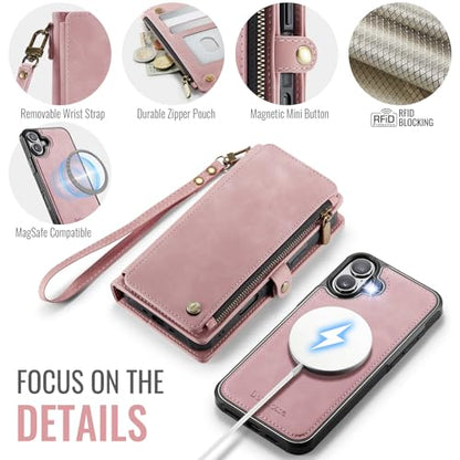Defencase for iPhone 17 Phone Case Wallet Compatible with Magsafe, Rosepink | Magnetic Detachable, Drop-Proof Protective Wallet Cases Cover, with RFID Bolcking Card Holder, Zipper Strap, Soft PU Leather - color: (Detachable with Magsafe)-Pink