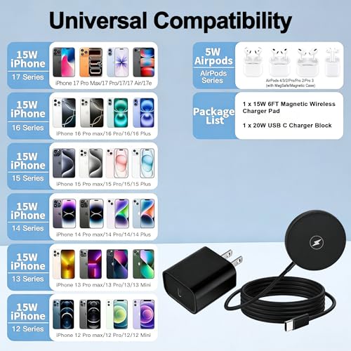 [Apple MFi Certified] iPhone Magnetic Wireless Charger 15W 6FT Mag-Safe Charging Pad with USB C Fast Wall Charger Block for iPhone 17 Pro Max/Air/16 Pro/16 Plus/15/14/13/12/AirPods Pro 3/2(Black)
