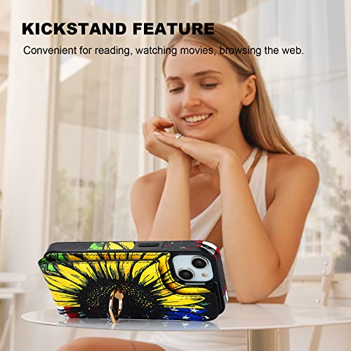 HAOPINSH for iPhone 13/ iPhone 14 Wallet Case with Card Holder, 360°Rotation Ring Kickstand, American Flag Sunflowers Pattern, RFID Blocking Leather for Girls Women, Double Buttons Flip Cover 6.1" - color: American Flag Sunflowers