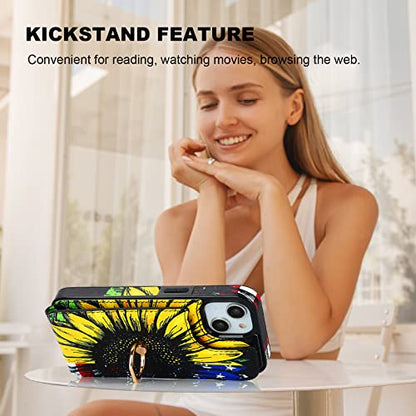 HAOPINSH for iPhone 13/ iPhone 14 Wallet Case with Card Holder, 360°Rotation Ring Kickstand, American Flag Sunflowers Pattern, RFID Blocking Leather for Girls Women, Double Buttons Flip Cover 6.1" - color: American Flag Sunflowers