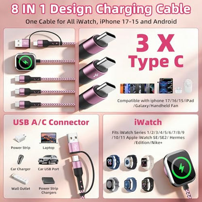 Travel Essentials, 3 USB C Multi Charging Cable with iWatch Charger for Car - color: Blush Pink, size: 1Pack5FT