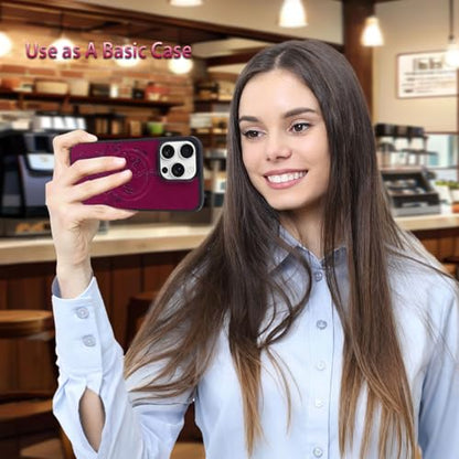 for iPhone 16e/17e Case Wallet,Compatible with MagSafe Magnetic 2 in 1 Magnetic Detachable PU Leather RFID Blocking Wallet Cover Card Holder Zipper Wrist Strap Lanyard,Floral Wine Red - color: Wine Red