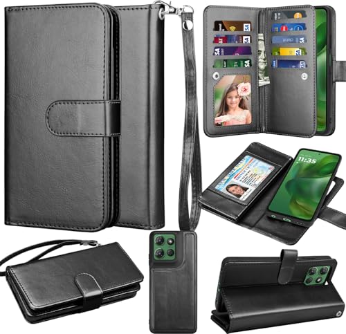 for Motorola Moto G Power 5G 2025 Case, for Moto G Power 2025 Wallet Case, PU Leather Credit Card Holder [9 Card Slots] Folio Flip Detachable Magnetic Cover Kickstand & Lanyard, Black - color: Black