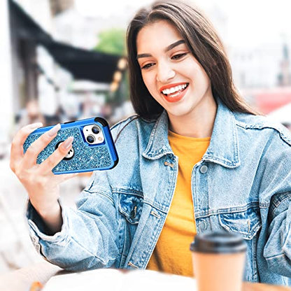 Hython Case for iPhone 13 Case Glitter, Cute Sparkly Shiny Bling Sparkle Cover, Heavy Duty 3 in 1 Hybrid Hard PC Soft TPU Bumper Full Body Shockproof Protective Phone Cases for Women Girls, Blue - color: Blue