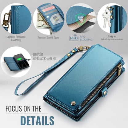 Defencase for Samsung Galaxy S26 Ultra Wallet Case with Card Holder, D-Blue | with RFID Blocking Zipper Pocket, Durable PU Leather, Wrist Strap, S26 Ultra Flip Phone Cases Cover with Stand for Women Men - color: Dark Blue