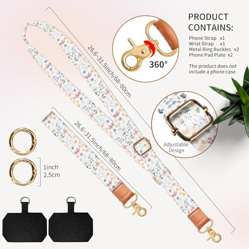 Cell Phone Lanyard Adjustable Crossbody Strap, Cute Phone Neck Wristlet Wrist Strap Patch for Keys Case Accessories - color: Watercolor Boho Flowers