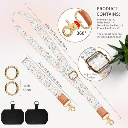 Cell Phone Lanyard Adjustable Crossbody Strap, Cute Phone Neck Wristlet Wrist Strap Patch for Keys Case Accessories - color: Watercolor Boho Flowers