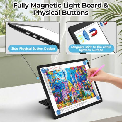 Heanolier Rechargeable A4 Light Board with Stand, 7100Lux Super Bright Magnetic Light Pad with Side Buttons, Wireless Light Box for Tracing, LED Light Table for Diamond Painting,Sketching,Drawing - size: A4 with Stand