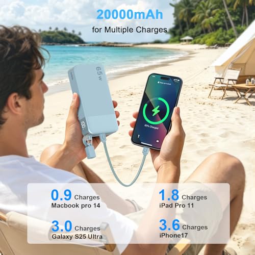 NOBIS Portable Charger 20000mAh 65W Power Bank w/Detachable Cable - color: Blue