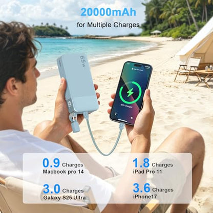 NOBIS Portable Charger 20000mAh 65W Power Bank w/Detachable Cable - color: Blue