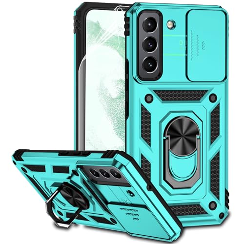 for Samsung Galaxy S22 Case with Camera Lens Cover HD Screen Protector, Dual Layer Military-Grade Drop Tested Magnetic Ring Holder Kickstand Protective Phone Case for Samsung Galaxy S22 5G (Mint) - color: Mint with camera cover Military-Grade 2nd gen