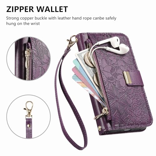 for iPhone 17 Pro Phone Case Wallet, Purple | Built-in Card Holder (8-10 Cards), Zipper Pocket, Wrist Strap, Stand Kickstand, Flower PU Leather Protective Phone Case Women - color: Purple, size: iPhone 17 Pro